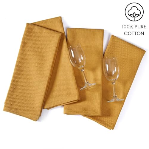Waffle Kitchen Towels 100% Cotton Set of 4-320 GSM Quality - Soft Absorbent Durable Washable Dish Cleaning Towel for Kitchen & Home - Quick Drying Dish Towel 16x26 inch Mustard Yellow - color: Mustard Yellow