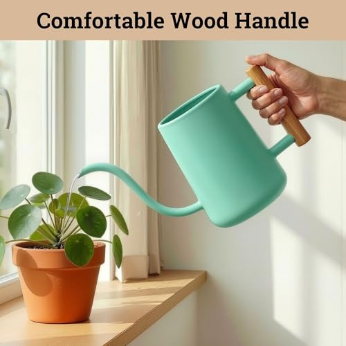 Metal Small Indoor Watering Can with Long Spout & Real Wood Handle, 35oz | Long Spout, Stainless Steel, Real Wood Handle, Gentle Flow, No Spills, Suitable for House Plants, Succulents & Seedlings - color: Mint Green