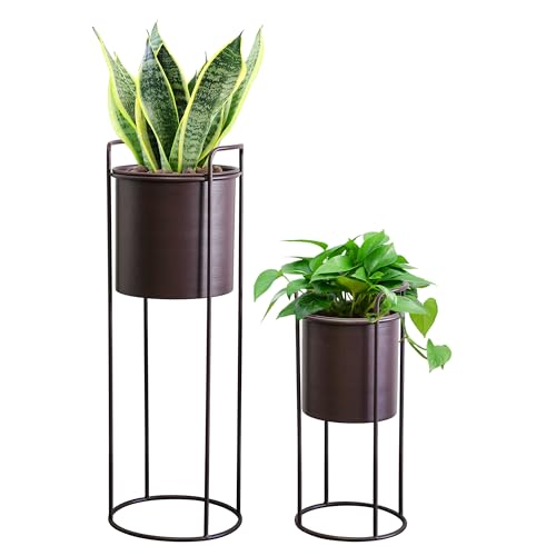 TRIROCKS Set of 2 Tall Metal Planters with Stands Metal Planter for Indoor Plants 28 &18" H Plant Pots for Living Room Corner Kitchen Office Garden Balcony Patio Decor(Brown) - size: 28" H