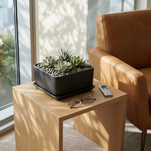MyGift Black Ceramic Square Indoor Planter with Drainage Hole & Tray | Modern square ceramic planter adds sleek style to small plants and succulents, with a drainage hole and removable drip tray - color: Black