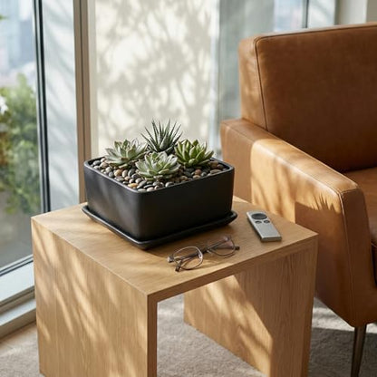 MyGift Black Ceramic Square Indoor Planter with Drainage Hole & Tray | Modern square ceramic planter adds sleek style to small plants and succulents, with a drainage hole and removable drip tray - color: Black