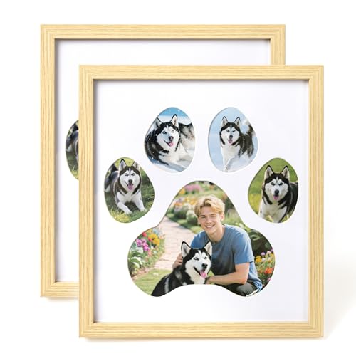 Dog Paw Print Photo Collage Frame, Holds 5 Pictures of Pets & Owners, Ideal Gift for Dog Moms & Dads, Natural Finish Pet Memorial Keepsake and Wall Décor, 10.24" x 11.4", 2Pcs - color: Natural, size: Pack of 2