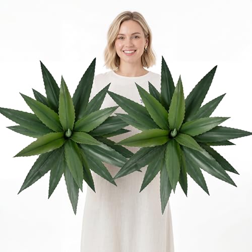Agave Plant Artificial 23.6 Faux Agave Plant Indoor Outdoor Fake Agave with 21 Sawtooth Edge Leaves Realistic Greenery for Porch Patio Garden Home Decor 2 Pack Without Pot(Green) - color: Green 24"-2