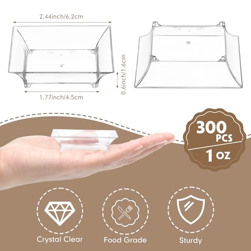 300 Pcs Mini Clear Dessert Plates 1oz Disposable Appetizer Trays Bulk Small Square Plastic Dish for Party Birthday Wedding Tasting Serving Cake Salad Ice Cream Fruit Sauce Snack, 2.4 Inch - style: Clear