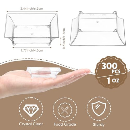 300 Pcs Mini Clear Dessert Plates 1oz Disposable Appetizer Trays Bulk Small Square Plastic Dish for Party Birthday Wedding Tasting Serving Cake Salad Ice Cream Fruit Sauce Snack, 2.4 Inch - style: Clear