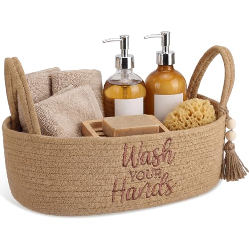 Wash Your Hands Bathroom Decoration Brown Cotton Rope Toilet Basket Toilet Paper Holder Basket Rustic Bathroom Organizer Farmhouse Home Decoration Organizing Small Baskets - color: Brown, style: Wash Your Hands