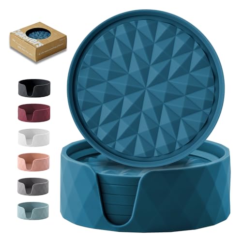 Silicone Drink Coasters Set of 6, Desk Cup Coaster | Prevents Condensation&Spills, Non-Slip, Reusable&Easy Clean, Diamond Pattern, Stylish Office&Home Decor, Gift, Dark Blue - color: Dark Blue, size: 6×3.9inches