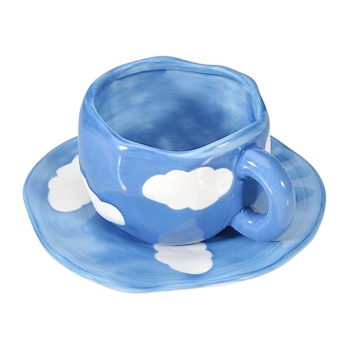 Koythin 10oz Ceramic Mug With Saucer, Dark Blue Sky White Cloud Latte Cup | 300ml Household Cup, Dual Safe Ceramic; Home Office Daily Use, Aesthetic Desk Decor - color: Dark Blue Sky and White Clouds