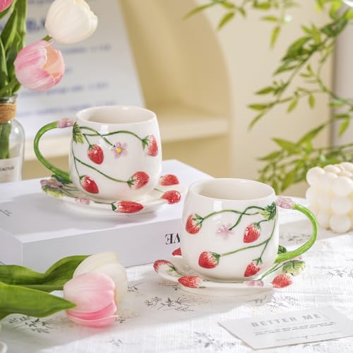 Noviko Strawberry Tea Cup with Saucer Ceramic Strawberry Coffee Mug (1, A)