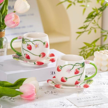 Noviko Strawberry Tea Cup with Saucer Ceramic Strawberry Coffee Mug (1, A)