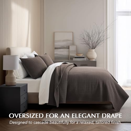 100% Cotton Modern Grid Stitch Quilt Set, King Size, Dark Brown | Pre-Washed Cotton Coverlet Bedspread, Oversized Lightweight 3-Piece Bedding Set for All Season, with 2 Pillow Shams - color: Dark Brown, size: King (110" X 94")