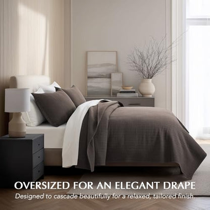 100% Cotton Modern Grid Stitch Quilt Set, King Size, Dark Brown | Pre-Washed Cotton Coverlet Bedspread, Oversized Lightweight 3-Piece Bedding Set for All Season, with 2 Pillow Shams - color: Dark Brown, size: King (110" X 94")