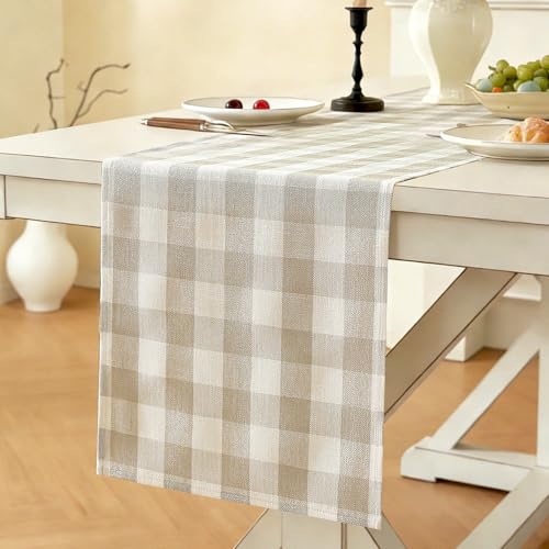 Laolitou Spring Beige Checkered Table Runner, Cotton Linen Gingham Table Runners, Classic Buffalo Plaid Farmhouse Table Decor, 13x72 Inches - color: Beige, size: 72" x 13" (Rectangular)