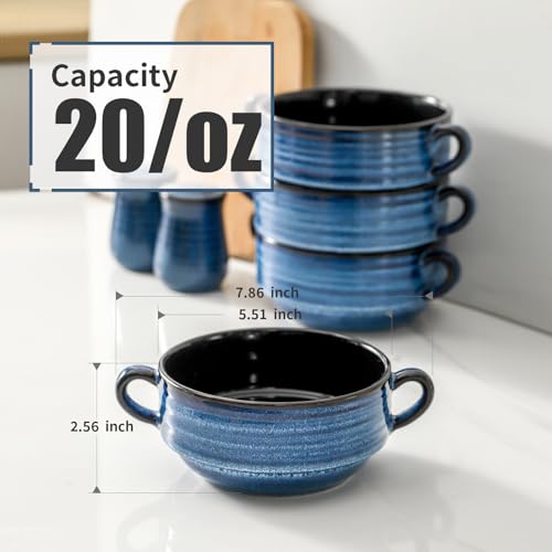 HASENSE Ceramic Soup Bowls, 20 oz French Onion Soup Bowls with Handle Set of 6, Small Serving Crock for Stew, Pasta, Chili, Cereal, Microwave Oven and Dishwasher Safe, Blue - color: Blue, size: 20oz - 6pcs