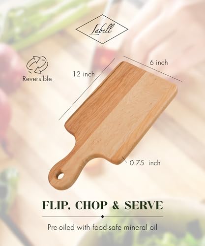Labell Canadian Maple Wood Cutting Board with Handle, 6 x 12 x 0.75 in | Multi-Purpose Charcuterie Board, Flat Paddle, for Meat, Cheese, Veggies, Serving - size: Mini (6" x 12")