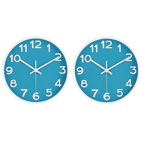 10 Inch Wall Clock, 2Pack Silent Non Ticking Battery Operated Clocks | Green Analog Clock| Living Room, Office, Classroom, Bedroom, Kitchen, Bathroom| Modern Simple Style | Easy to Read | Accurate - color: Blue, size: 10 inches