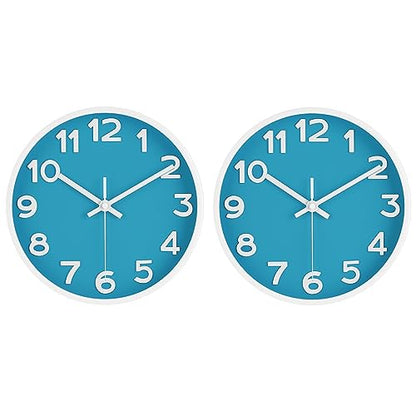 10 Inch Wall Clock, 2Pack Silent Non Ticking Battery Operated Clocks | Green Analog Clock| Living Room, Office, Classroom, Bedroom, Kitchen, Bathroom| Modern Simple Style | Easy to Read | Accurate - color: Blue, size: 10 inches