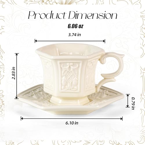 KAMMAK Tea Cups and Saucers Set of 2, 6 oz Porcelain Coffee Cups, SY003 | Stackable Espresso Mugs, Ceramic Demitasse for Coffee, Cappuccino, Latte, Americano, Tea - size: 8CZSY003