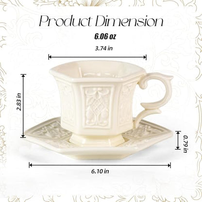 KAMMAK Tea Cups and Saucers Set of 2, 6 oz Porcelain Coffee Cups, SY003 | Stackable Espresso Mugs, Ceramic Demitasse for Coffee, Cappuccino, Latte, Americano, Tea - size: 8CZSY003