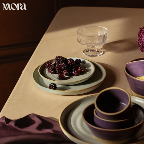 MORA Medium Plates Set of 4, 8.5 inch Ceramic Pottery Salad Plates - Microwave, Oven and Dishwasher Safe - Mist - color: Mist