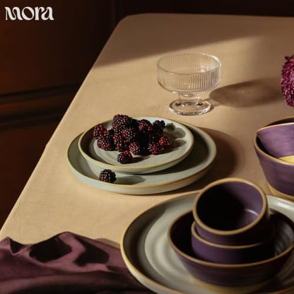 MORA Medium Plates Set of 4, 8.5 inch Ceramic Pottery Salad Plates - Microwave, Oven and Dishwasher Safe - Mist - color: Mist