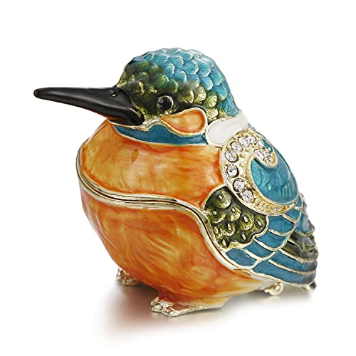 Hand Painted Enamel Kingfisher Trinket Box for Home Decor, Hinged Jewelry Organizer for Ring Earrings, Unique Figurine Keepsake Collectible Personalized Handmade Ornament Gifts (Blue Kingfisher) - color: Blue Kingfisher