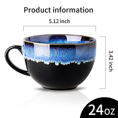 KOOV Ceramic Soup Mug, Soup Bowls with Handles Microwave Safe, 24 Ounce Jumbo Mug and Cereal Mugs Set of 4, Reactive Glaze (Nebula Blue) - color: Nebula Blue