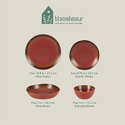 Two Time Oprah's Favorite Things Winner - Palermo Sun Double Bowl Stoneware Reactive Glaze Plates and Bowls Dinnerware Set - Paprika Red, Service for Four (16pcs) - color: Paprika Red
