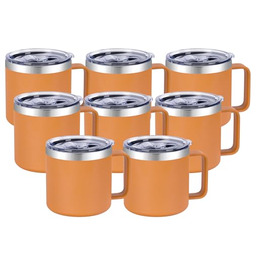 VEGOND 14 oz Insulated Coffee Mug Bulk with Handle, Stainless Steel Travel Coffee Mug with Lid, Double Wall Vacuum Metal Coffee Cup, Coffee Tumbler Powder Coated, Orange 8 Pack - color: Orange, size: 14 Ounces (8 Pack)