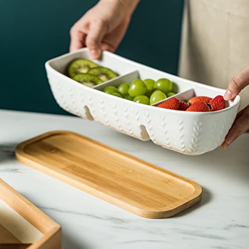 Miamolo Chip and Dip Set Bowl with Divided Serving Tray, Hosting Essentials | Acacia Wood Tray, Ceramic Serving Bowls | Condiment Tray for Dipping Sauces, Party | Kitchen Counter Decor, Microwave Safe - size: Large-11 inches