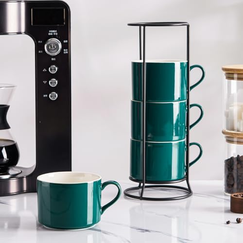 10oz Porcelain Stackable Coffee Mugs and Metal Stand Set of 4, Espresso Cups Set for Hot Drinks, Cappuccino, Tea-Green - color: Green