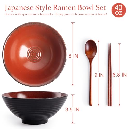 Ceramic Japanese Ramen Bowl Set, 2 Sets Asian Pho Udon Soup Noodle Bowls with Spoons and Chopsticks (Red, 8 inches) - color: Red
