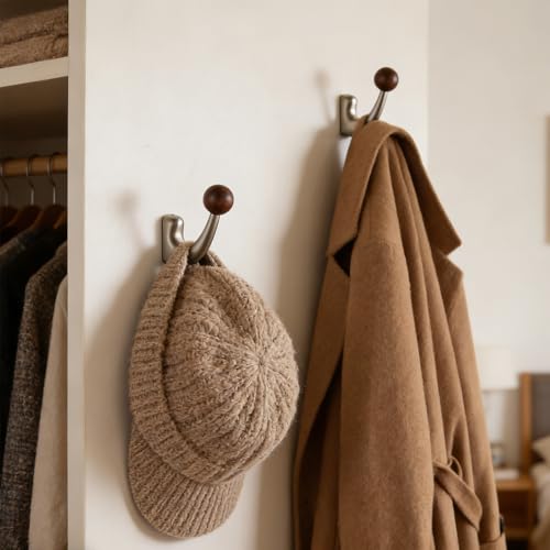 wall-Mounted Light Luxury Coat Hooks, Used for Hanging Coats, Hats, Scarves and Towels, Suitable for Entrance Halls, bathrooms and bedrooms (2, 7110Brushed Nickel + Walnut Wood) - color: 7110Brushed nickel + walnut wood