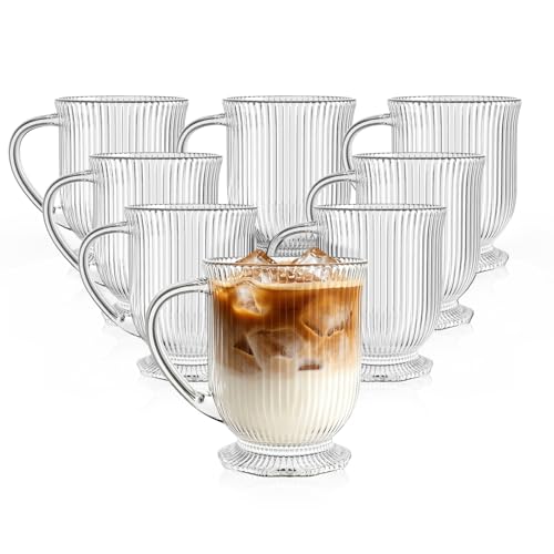 KEMORELA 16oz Ribbed Glass Coffee Mugs Set,Large Glass Mugs with Handle | 8-pack,Clear Thick glass,Wide base,Microwaves,Dishwasher safe,For Ice Coffee,Americano,Latte,Tea,Juice,Hot/Cold Beverages - color: Ribbed-8PCS