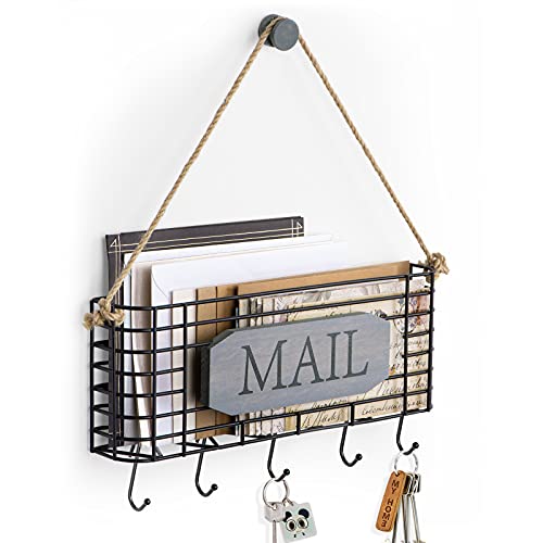 SRIWATANA Mail Organizer Wall Mount, 5 Key Hooks, Large, Weathered Grey | Mail Holder Key Holder for Wall, Hanging Mail Sorter, Letter Basket for Receipts Bills Envelopes, Home & Office Organizer - color: Weathered Grey, size: Large