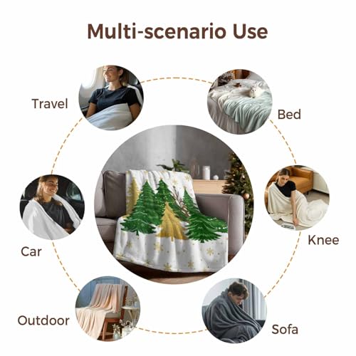 Christmas Tree Throw Blanket, Snowflakes Winter Xmas Super Soft Warm Flannel Blankets for Bed Couch Sofa Green Gold Tree Stars Lightweight Fluffy Plush Bed Throws 50x60 Inch - color: Green White, size: 50''x60''