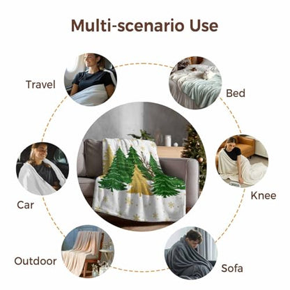 Christmas Tree Throw Blanket, Snowflakes Winter Xmas Super Soft Warm Flannel Blankets for Bed Couch Sofa Green Gold Tree Stars Lightweight Fluffy Plush Bed Throws 50x60 Inch - color: Green White, size: 50''x60''