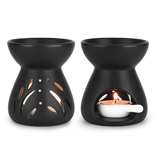 ComSaf Oil Burner Wax Melt Warmer, Ceramic Candle Diffuser Black 2 Pack | Essential Oil Aromatherapy, Scented Wax Melts, Tea Light Tray, Bedroom Home Decor, Spa and Yoga, Housewarming Gift