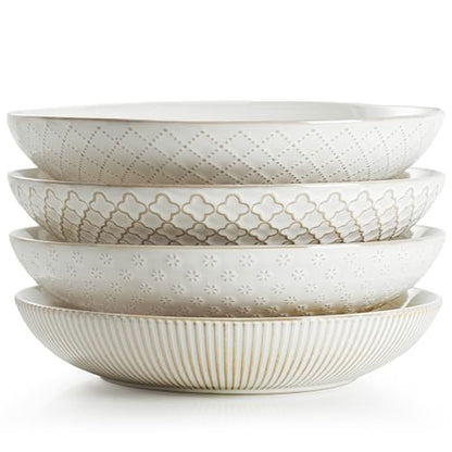 getstar Pasta Bowls, Large Salad Serving Bowls (7.6 inch & 22 oz), Ceramic Bowl Plates Set of 4, Farmhouse Embossments, Microwave and Dishwasher Safe - size: 7.6"/22oz