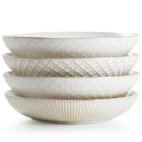 getstar Pasta Bowls, Large Salad Serving Bowls (7.6 inch & 22 oz), Ceramic Bowl Plates Set of 4, Farmhouse Embossments, Microwave and Dishwasher Safe - size: 7.6"/22oz