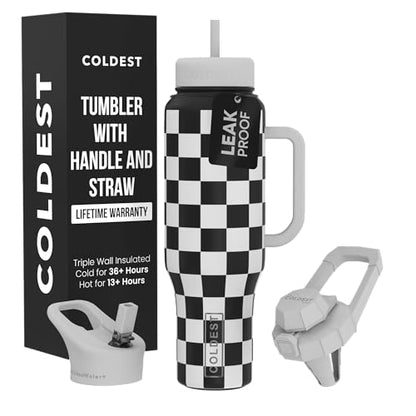 Coldest Tumbler with Handle and Straw, 100% Spill Proof Tumbler with Straw (3 Lids), Stainless Steel Insulated Leakproof Tumblers for Women Men, Cup Holder Friendly, 46 oz Black & White Checkers - color: Black and White Checkers, size: 46 oz
