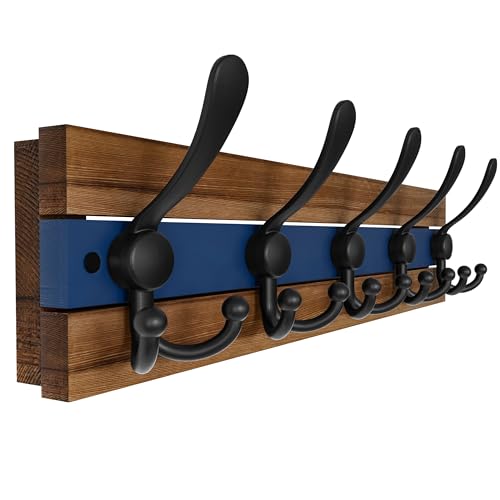 SKOLOO Rustic Wall Mounted Coat Rack - 16-7/8" Long Coat Hooks for Wall with 5 Triple Hooks for Hanging Coats, Hats or Tools, Western National Parks Collection, Wood Brown & Blue - color: Blue & Brown Plates & Black Hook, size: 1 Item-5 Hooks
