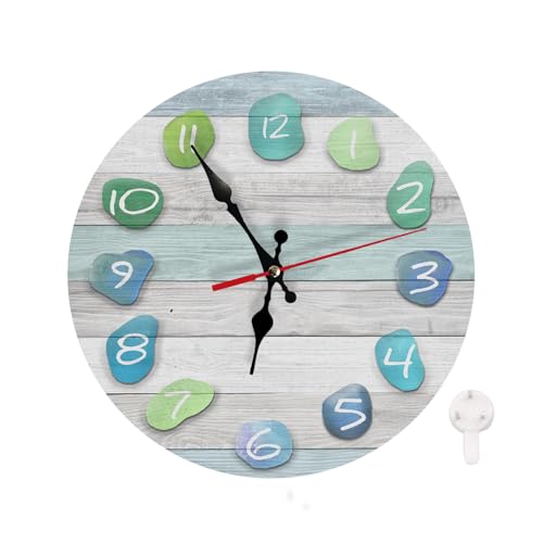 Wall Clock, Blue Teal Sea Beach Driftwood Silent Non Ticking Clock, Modern Round Battery Operated Clocks for Bathroom Kitchen Living Room Home Decor, 10 Inch - color: Blue Teal 1