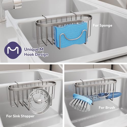 SWTYMIKI Sponge Holder for Kitchen Sink - Movable Kitchen Sink Caddy with M Hook Stainless Steel Hanging Sponges Caddy Organizer in Double Bowl Sinks Depth>3.15in, Middle Divider<1.5in, Sand Nickel L - color: Sand Nickel-large