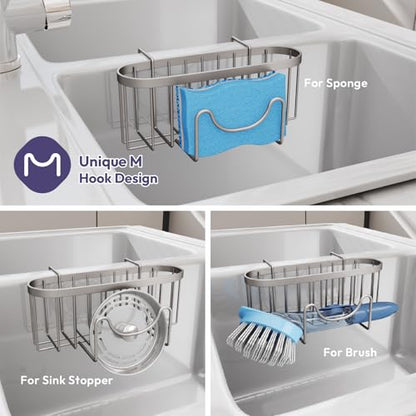 SWTYMIKI Sponge Holder for Kitchen Sink - Movable Kitchen Sink Caddy with M Hook Stainless Steel Hanging Sponges Caddy Organizer in Double Bowl Sinks Depth>3.15in, Middle Divider<1.5in, Sand Nickel L - color: Sand Nickel-large