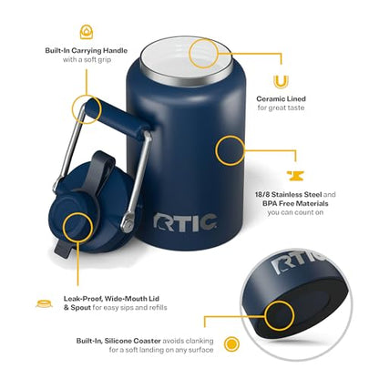 RTIC Half Gallon Outback Jug, Ceramic Lined, Navy | Stainless Steel, Insulated Water Bottle with Lid and Handle, Double Wall Vacuum Insulation - color: Navy