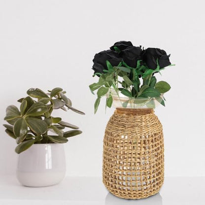 Ipetboom Rattan Cover Small Glass Flower Vase Amber Inner Bottle Decorative Straw Holder for Desktop Flower Arrangement Home Living Room Décor