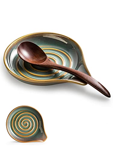 Spoon Rest for Stove Top, Countertop Spoon Holder with Handle for Easy Hold, Farmhouse Decor, Utensil Rest for Spoons, Ladles, Tongs, Spatula, Blue and Green | Ceramic Spatula Holder, Modern Farmhouse Decor | Large Utensil Rest for Ladles, Tongs, Spatula,