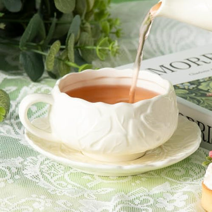 KAMMAK Tea Cups and Saucers Set of 2, 10 oz Porcelain Coffee Cups, SY005 | Stackable Espresso Mugs, Ceramic Demitasse for Coffee, Cappuccino, Latte, Americano, Tea - size: 8CZSY005