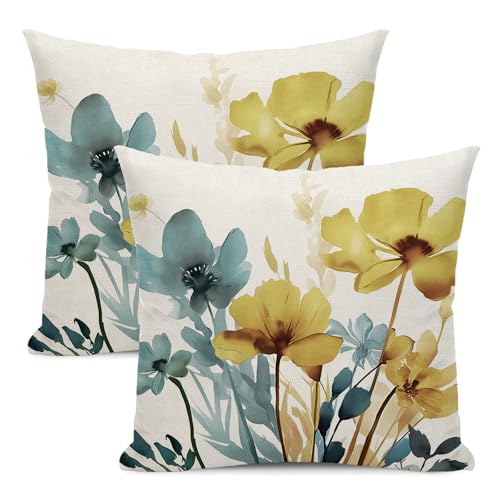 Spring Floral Pillow Covers 18x18 Inch Set of 2 Blue Yellow Floral Throw Pillow Cover Outdoor Modern Summer Flower Decoration Pillowcase Farmhouse Decorative Linen Cushion Cover For Sofa Couch - color: Flower- Blue Yellow, size: 18" x 18" (Pack of 2)